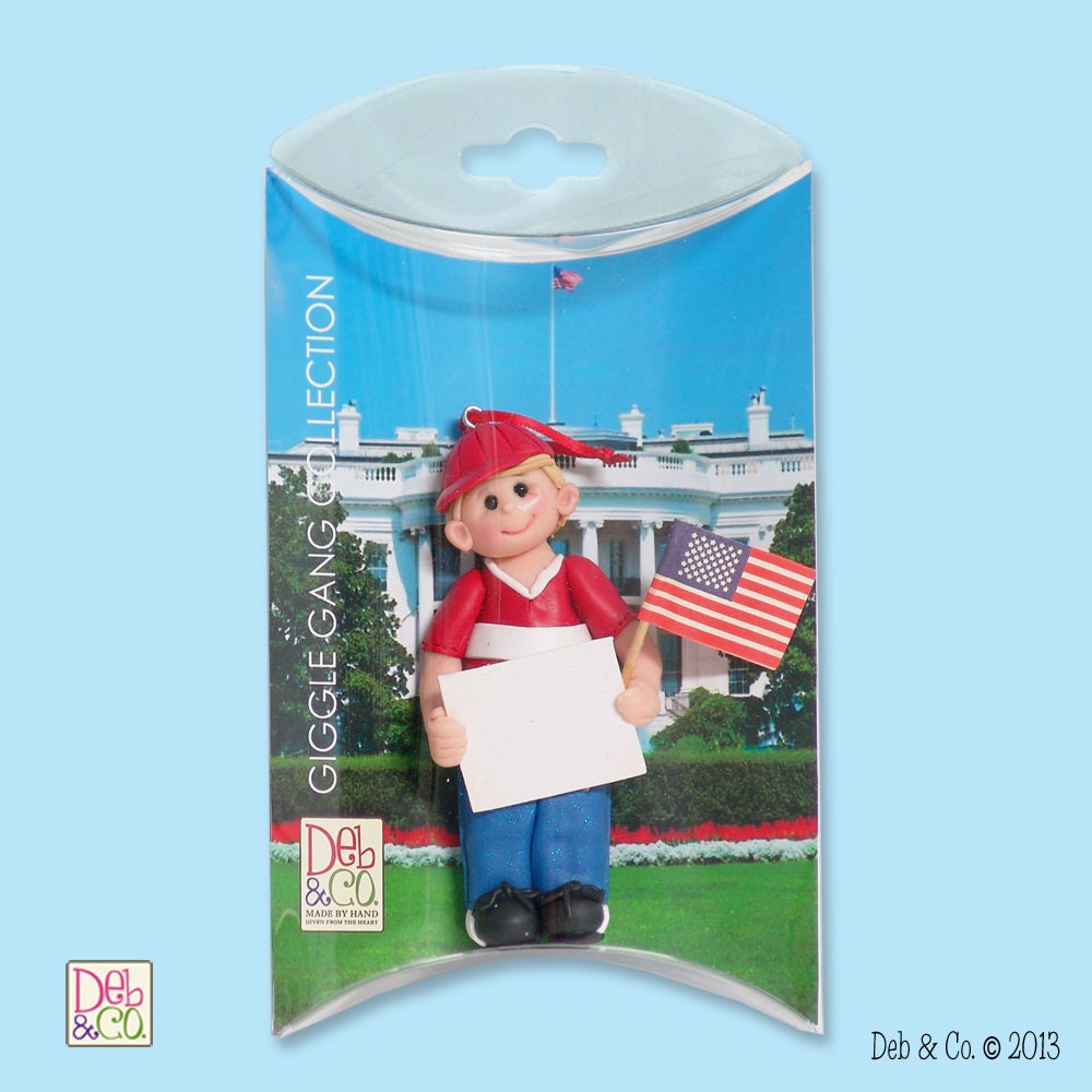 PATRIOTIC, Giggle Gang Little Boy, HANDMADE Polymer Clay, Personalized Patriotic Christmas Ornament in Custom Gift Box