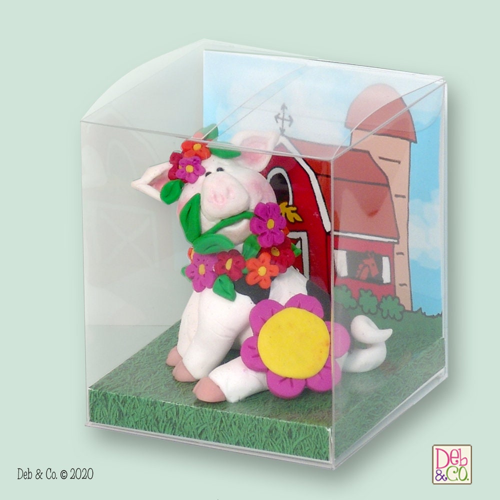 Handmade POLYMER Clay White Little Piggywith Flowers Figurine in Custom Gift Box - Barnyard Friends