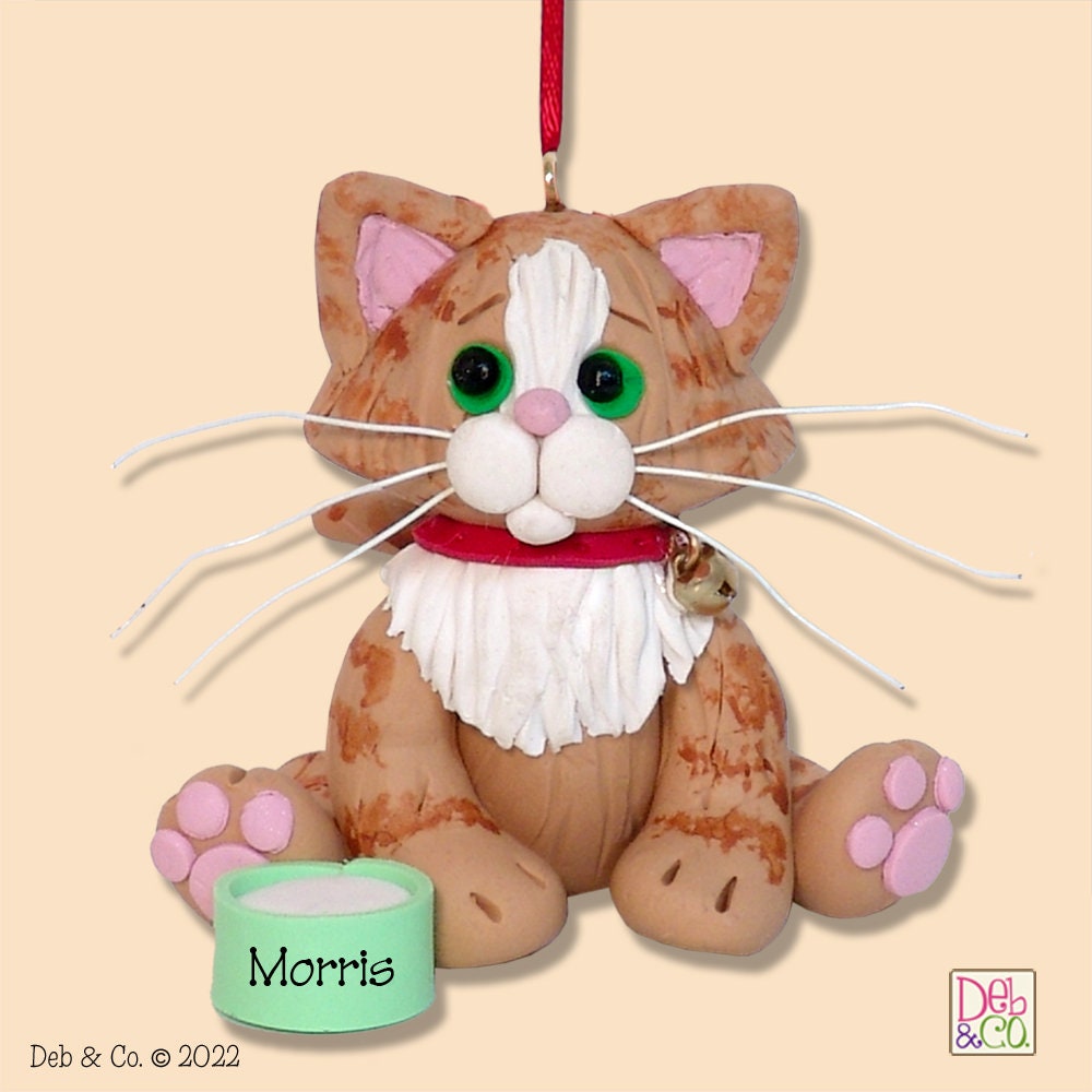 Orange Tabby KITTY CAT HANDMADE Polymer Clay Personalized Christmas Ornament - Optional Christmas Lights