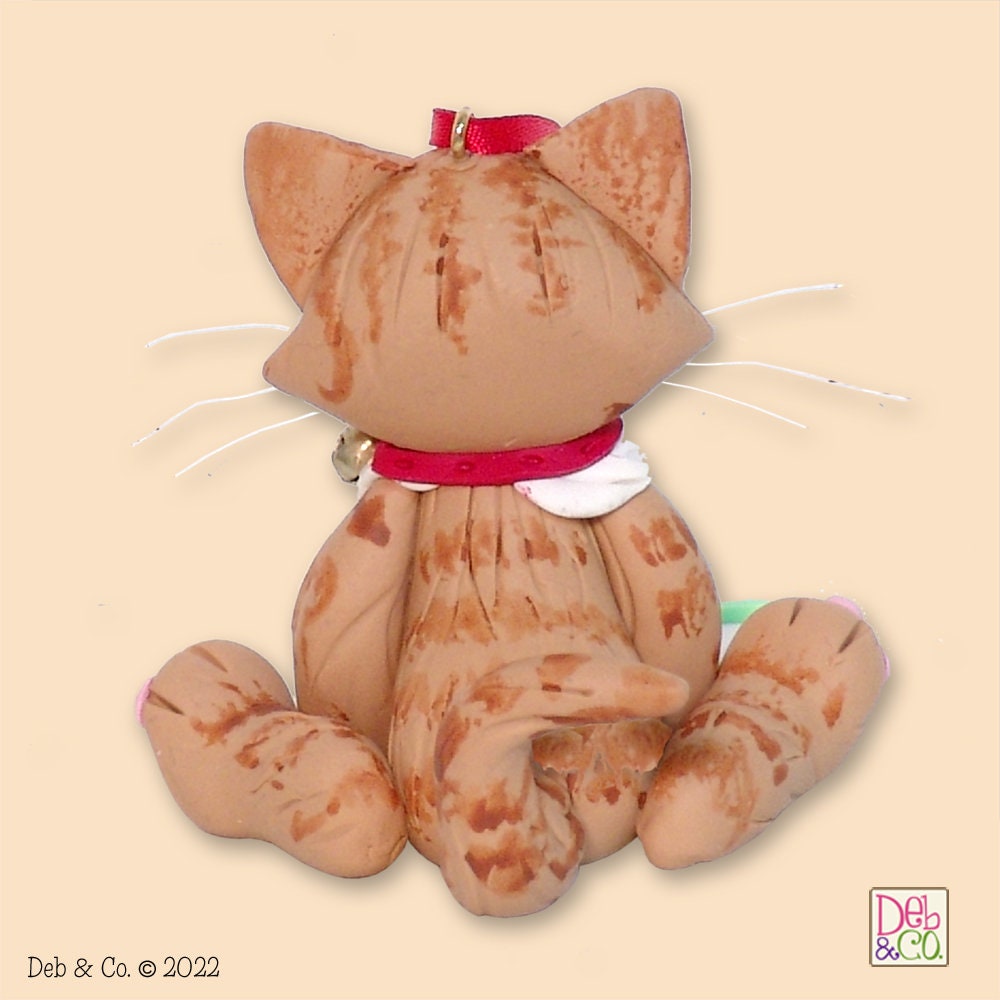 Orange Tabby KITTY CAT HANDMADE Polymer Clay Personalized Christmas Ornament - Optional Christmas Lights