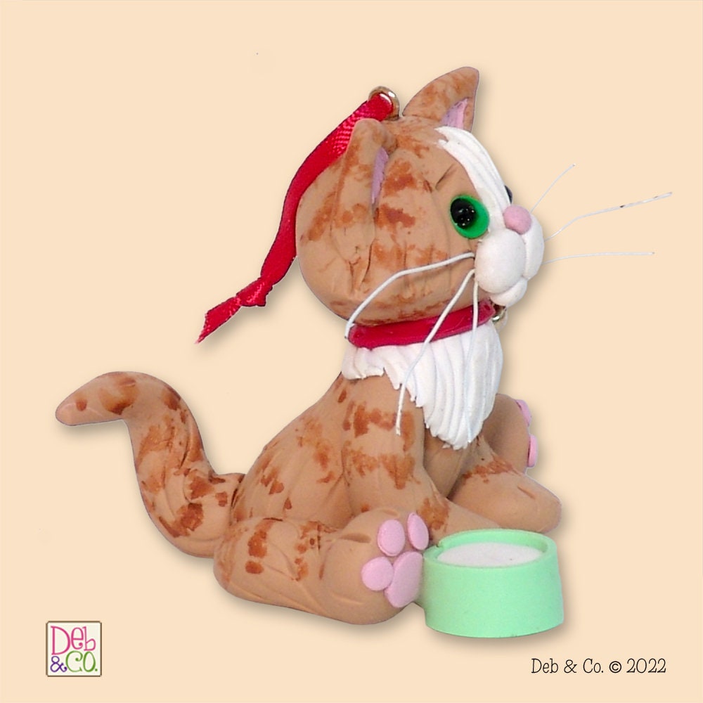 Orange Tabby KITTY CAT HANDMADE Polymer Clay Personalized Christmas Ornament - Optional Christmas Lights
