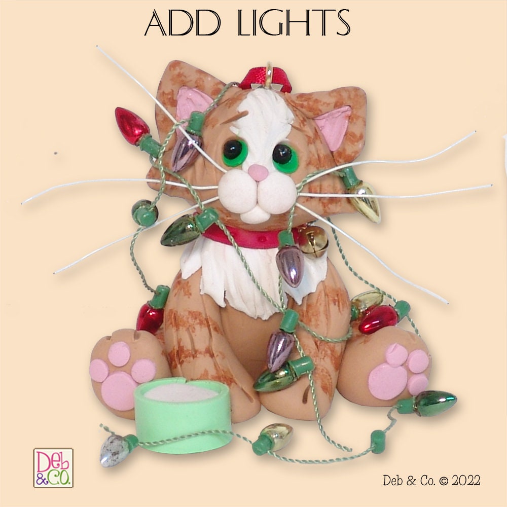 Orange Tabby KITTY CAT HANDMADE Polymer Clay Personalized Christmas Ornament - Optional Christmas Lights