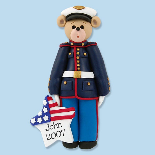 MILITARY  Belly Bear MARINE/ Soldier Handmade Polymer Clay Personalized Christmas Ornament