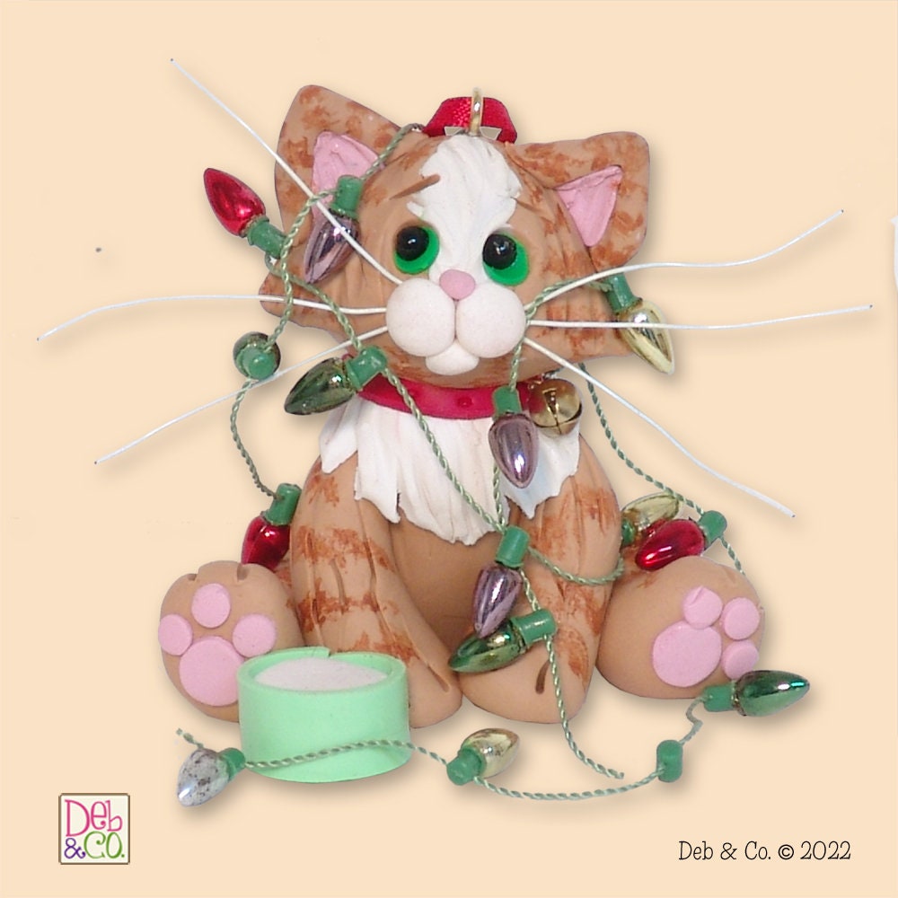 Orange Tabby KITTY CAT HANDMADE Polymer Clay Personalized Christmas Ornament - Optional Christmas Lights