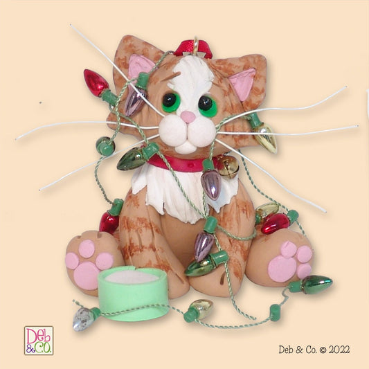 Orange Tabby  KITTY CAT HANDMADE Polymer Clay Personalized Christmas Ornament - Optional Christmas Lights