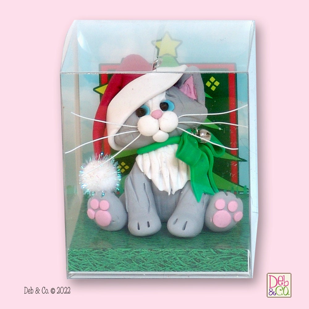 Gray & White KITTY CAT with Santa Hat HANDMADE Polymer Clay Personalized Christmas Ornament - Optional Christmas Lights