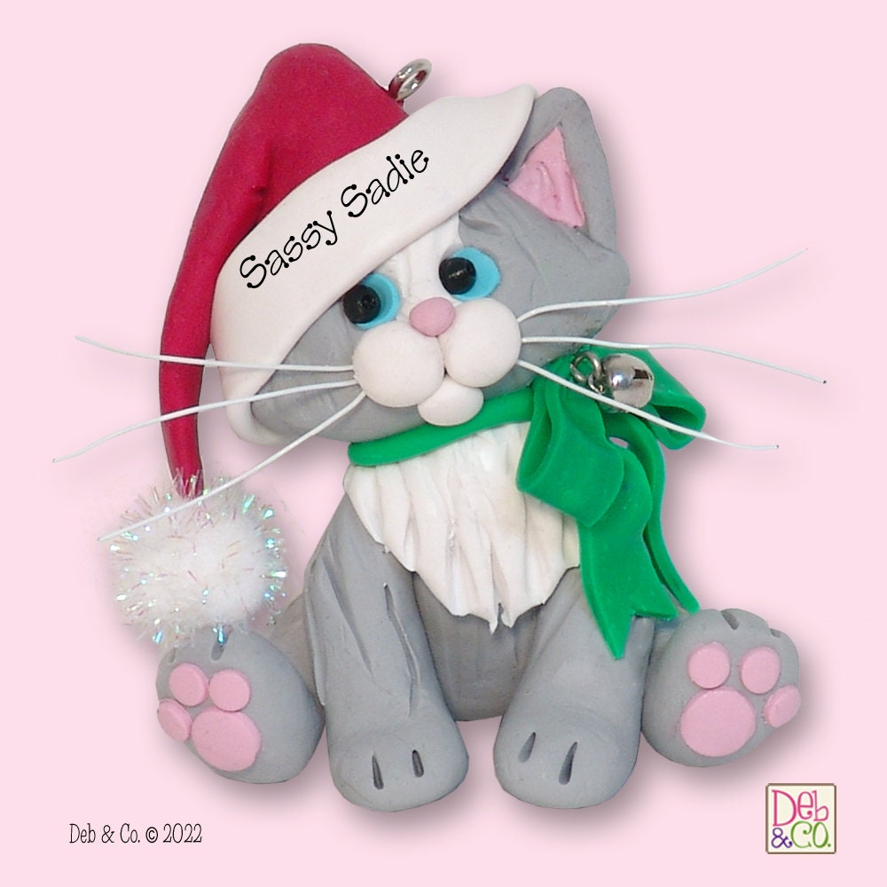 Gray & White KITTY CAT with Santa Hat HANDMADE Polymer Clay Personalized Christmas Ornament - Optional Christmas Lights