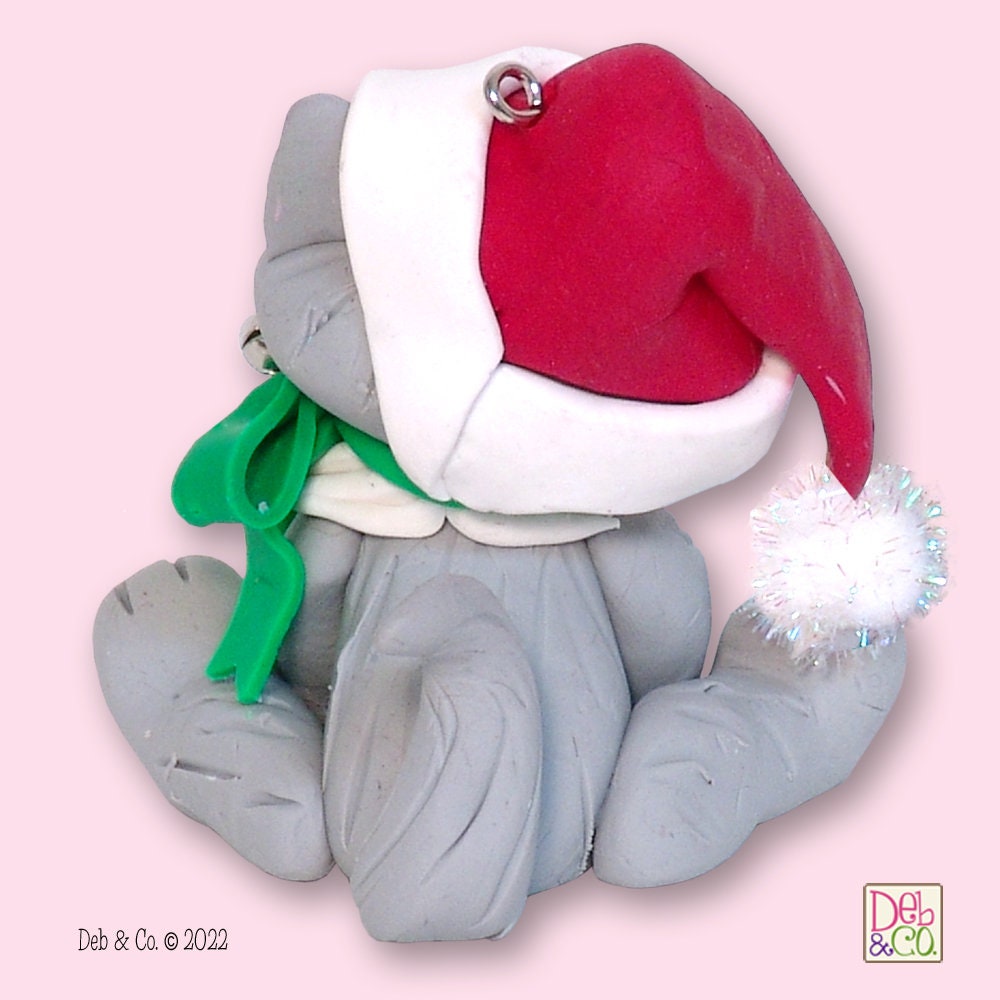 Gray & White KITTY CAT with Santa Hat HANDMADE Polymer Clay Personalized Christmas Ornament - Optional Christmas Lights