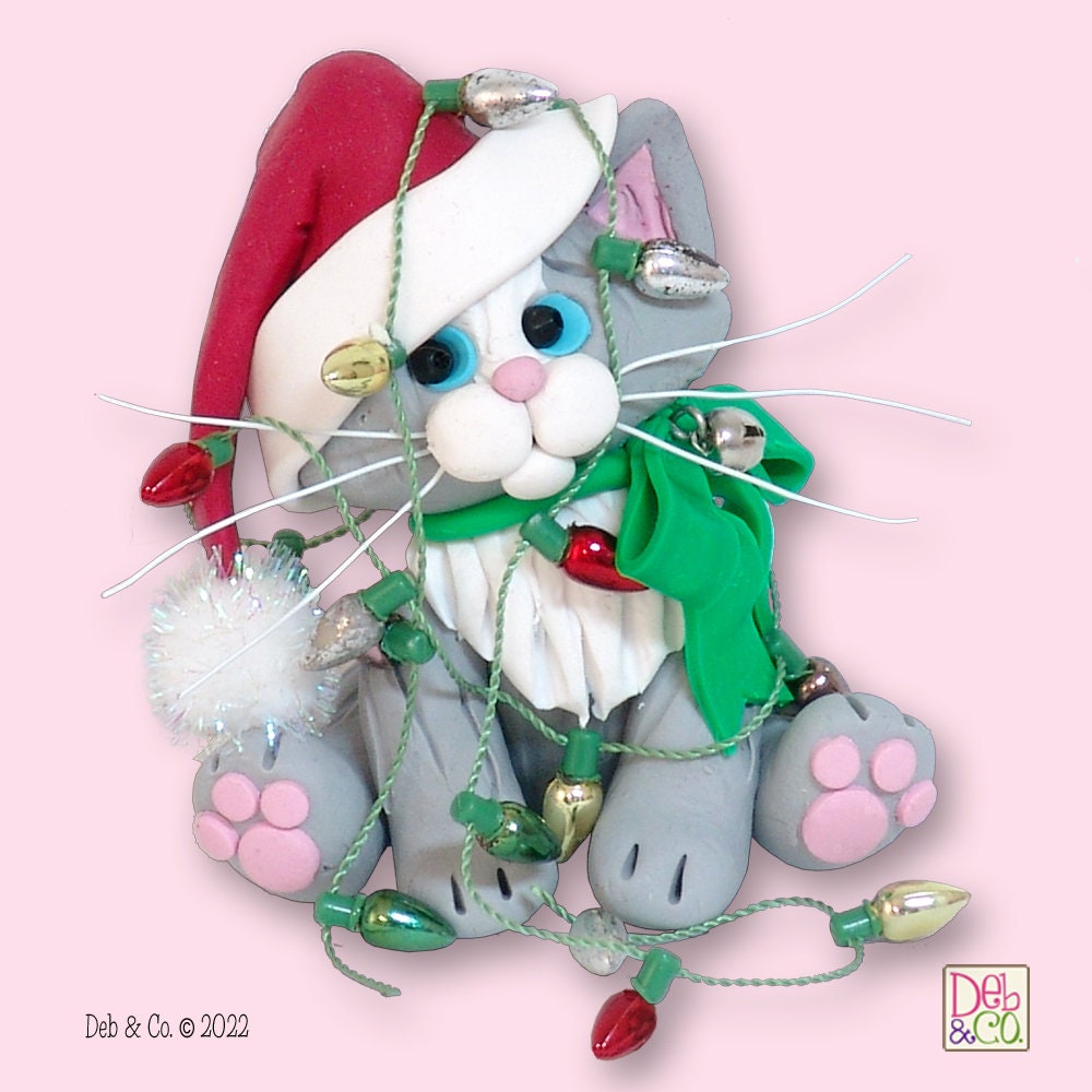 Gray & White KITTY CAT with Santa Hat HANDMADE Polymer Clay Personalized Christmas Ornament - Optional Christmas Lights