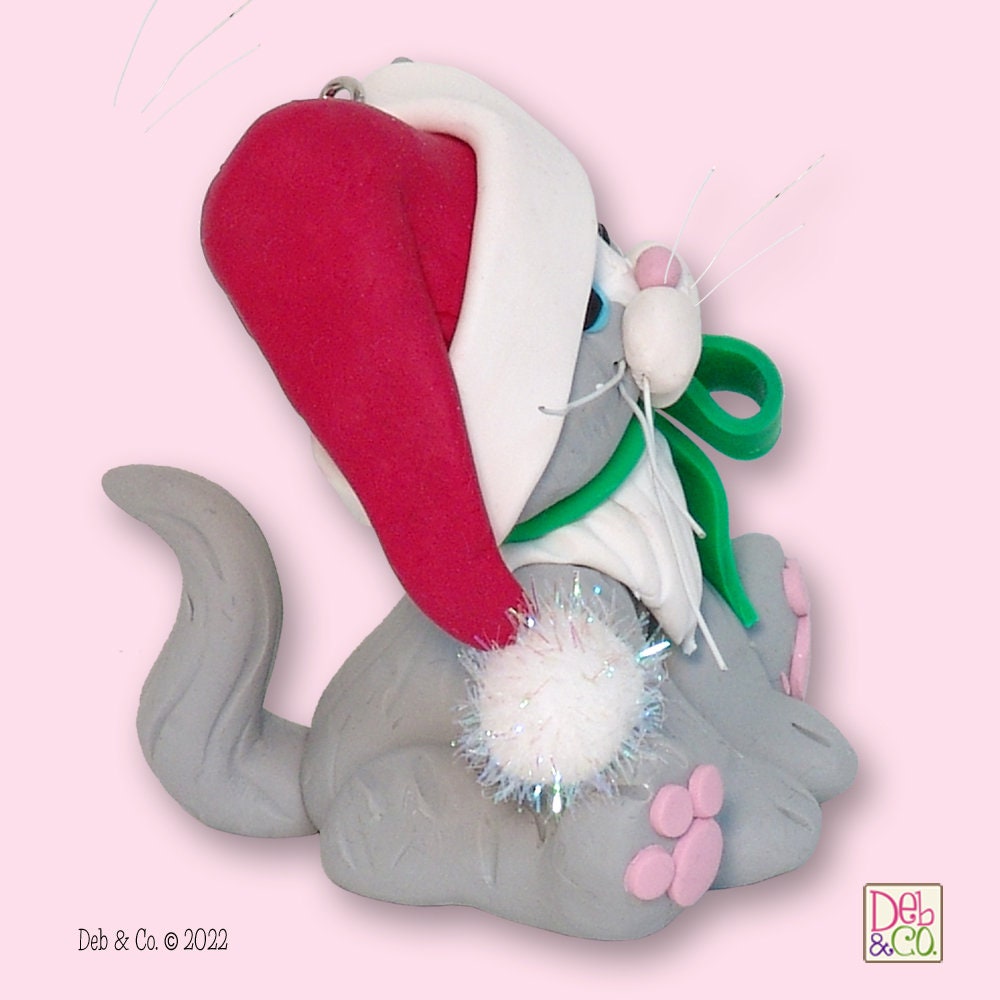Gray & White KITTY CAT with Santa Hat HANDMADE Polymer Clay Personalized Christmas Ornament - Optional Christmas Lights