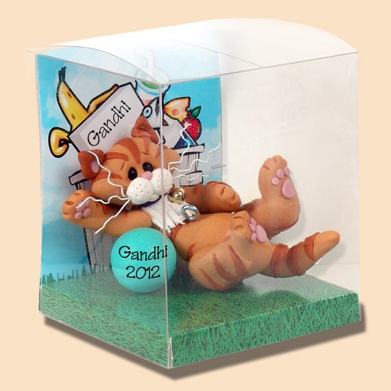 Orange Tabby KITTY CAT w/Lights HANDMADE Polymer Clay Personalized Christmas Ornament