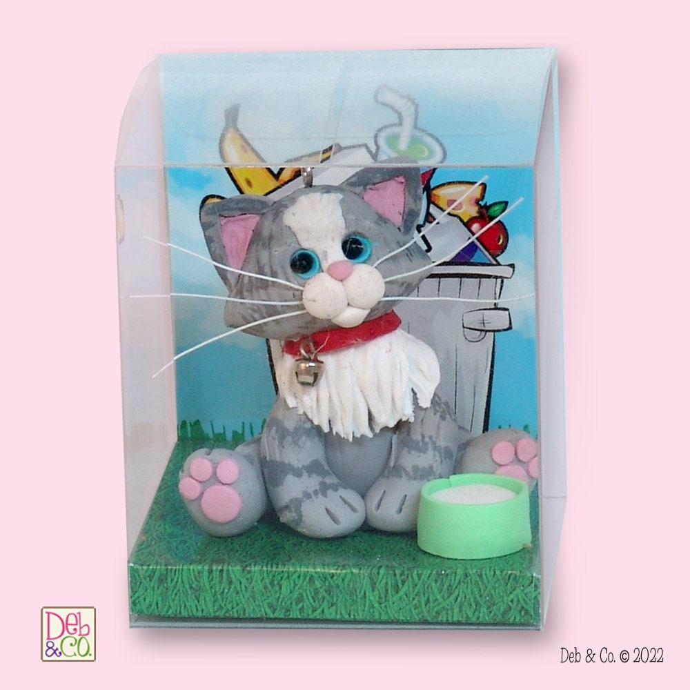 Gray & White  Tabby KITTY CAT HANDMADE Polymer Clay Personalized Christmas Ornament - Optional Christmas Lights