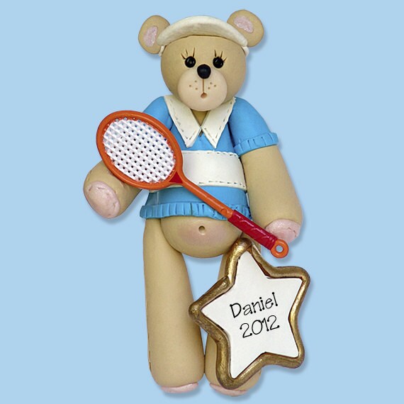 Personalized Tennis Player Male, Belly Bear TENNIS PLAYER, Handmade Polymer Clay, Personalized Christmas Ornaments, Tennis Ornaments