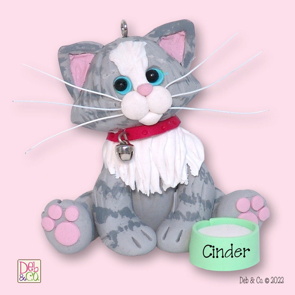Gray & White  Tabby KITTY CAT HANDMADE Polymer Clay Personalized Christmas Ornament - Optional Christmas Lights