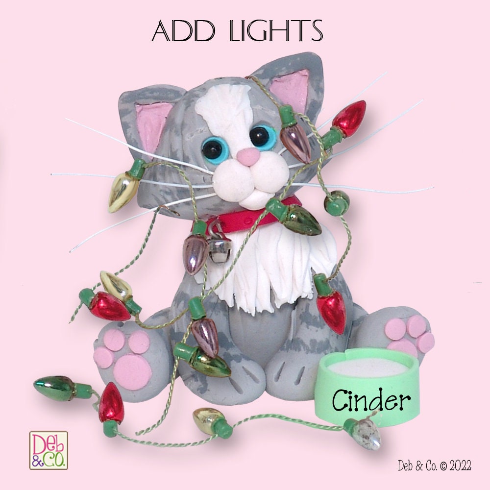 Gray & White  Tabby KITTY CAT HANDMADE Polymer Clay Personalized Christmas Ornament - Optional Christmas Lights