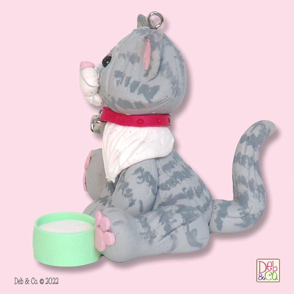 Gray & White  Tabby KITTY CAT HANDMADE Polymer Clay Personalized Christmas Ornament - Optional Christmas Lights