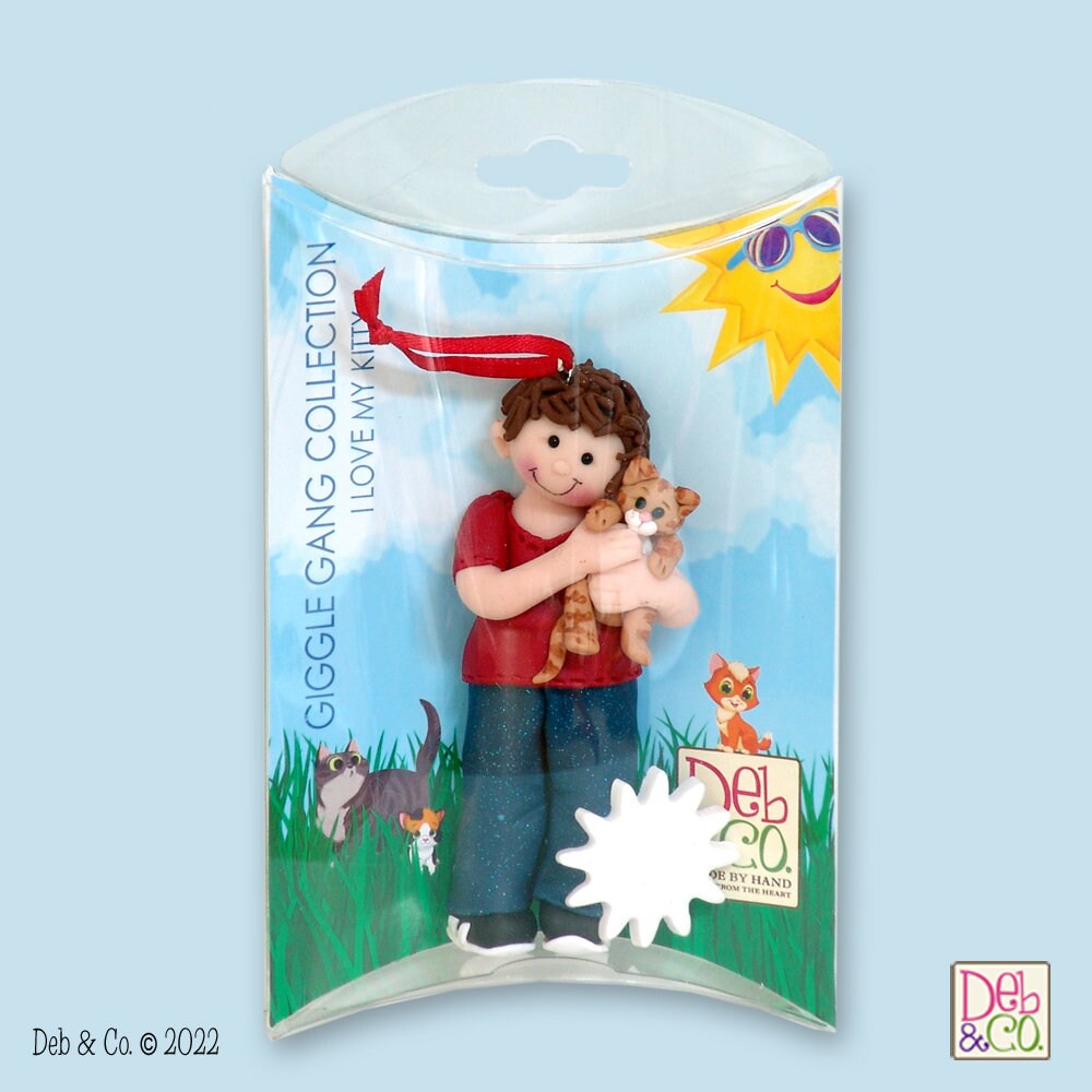 Giggle Gang Little Boy with Kitty Cat HANDMADE POLYMER CLAY Ornament - Personalized Christmas Ornament in Custom Gift Box