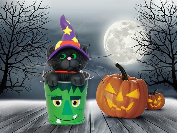 Halloween Black Cat in Frankenstein Tin Bucket HANDMADE POLYMER CLAY Halloween Figurine Decoration