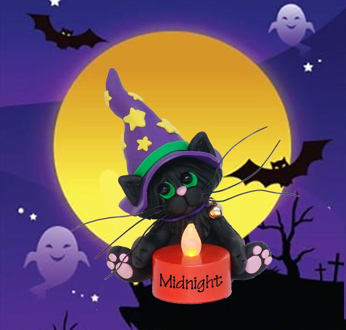 Halloween Black Cat with Orange Tea Light HANDMADE POLYMER CLAY Halloween Figurine Decoration