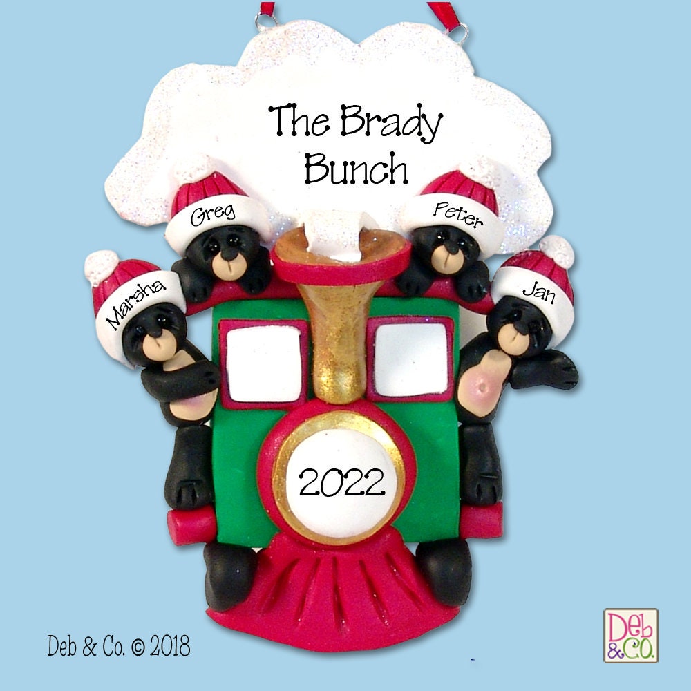 BLACK BEARS in Train Personalized Family Ornament of 4, Grandparents Gift, Handmade Polymer Clay Personalized Christmas Ornaments