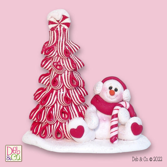 Pepermint Candy Christmas Tree and Snowman Figurine - Handmade Polymer Clay