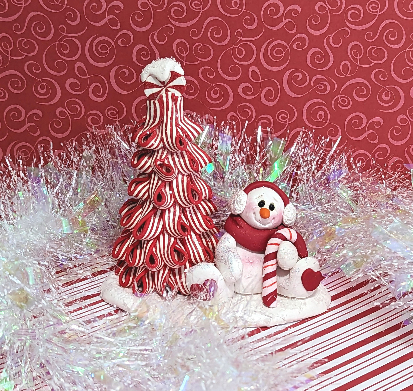 Pepermint Candy Christmas Tree and Snowman Figurine - Handmade Polymer Clay