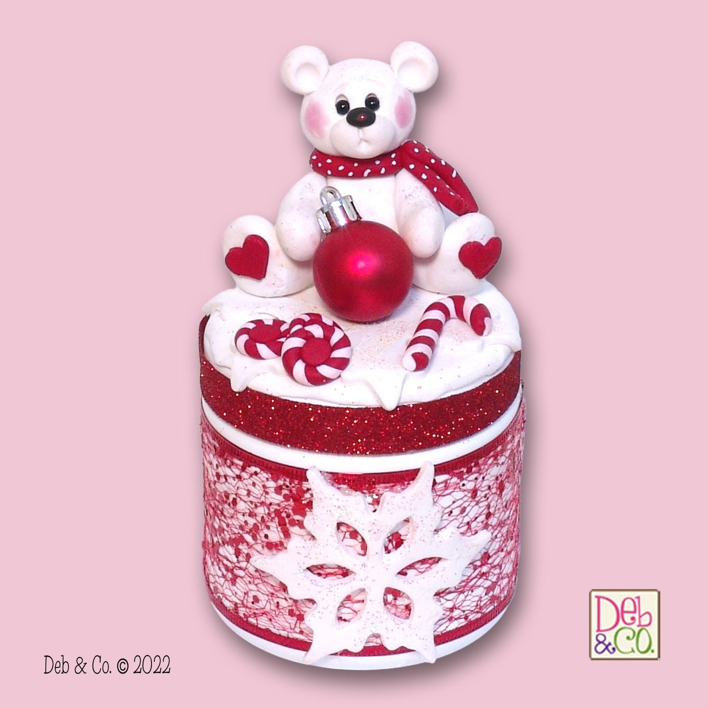 Peppermint Polar Bear Candy or Trinket Jar - Handmade Polymer Clay Christmas Decor