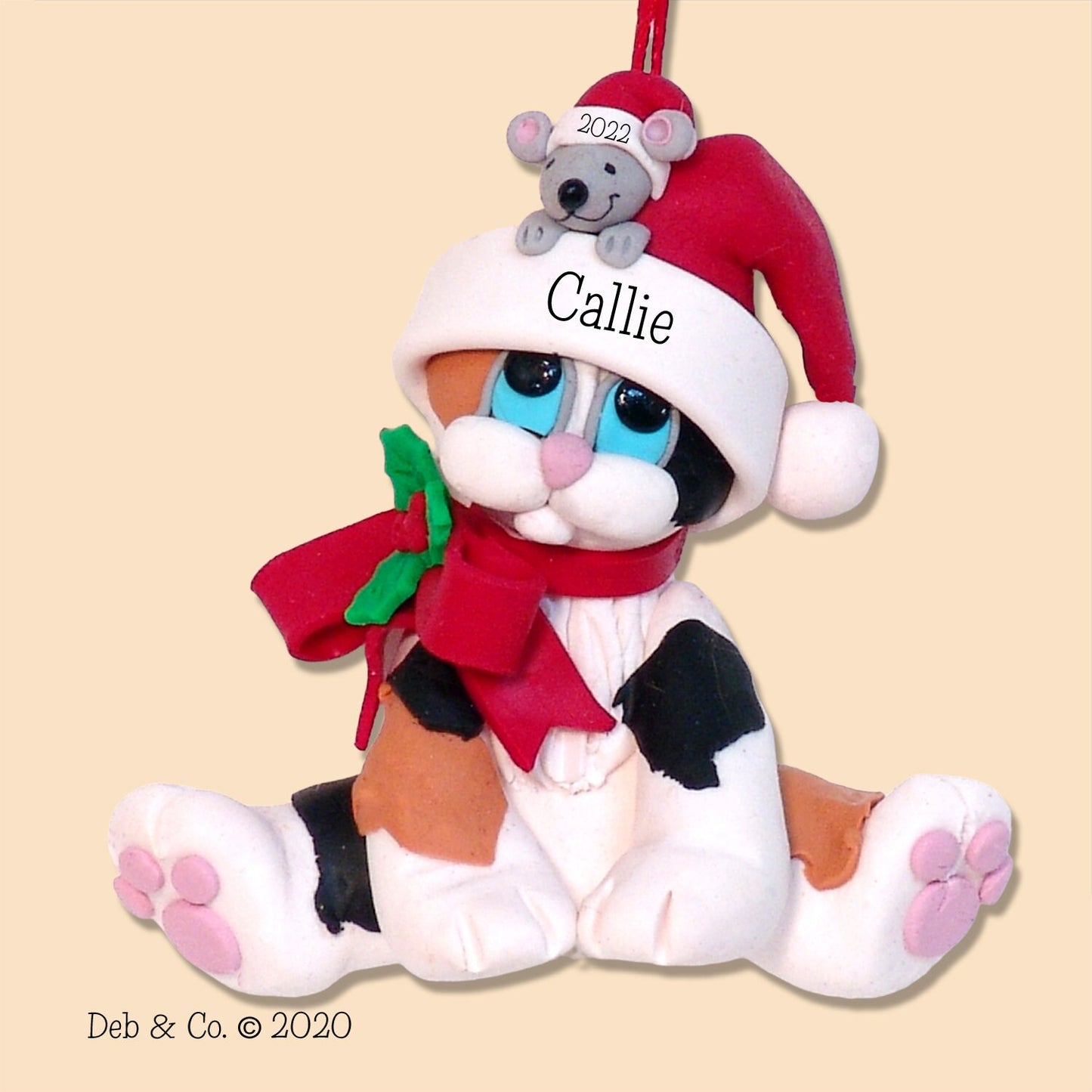 Calico KITTY CAT with Mouse HANDMADE Polymer Clay Personalized Christmas Ornament - Limited Edition