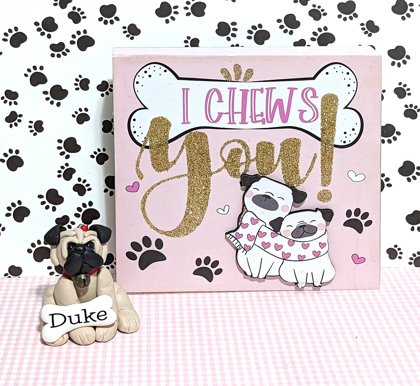 Pug / Dog / Puppy / with Plaque "I Chews You" Handmade Polymer Clay Personalized Christmas Ornament - 2 Piece Set - Choose your breed