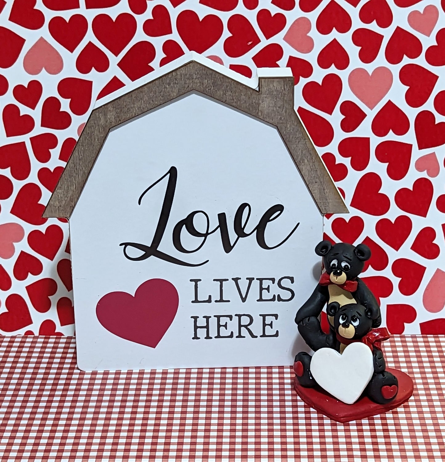 Love Lives Here Plaque with Black Bear Couple Handmade Polymer Clay Personalized Valentine Decor - 2 Piece Set