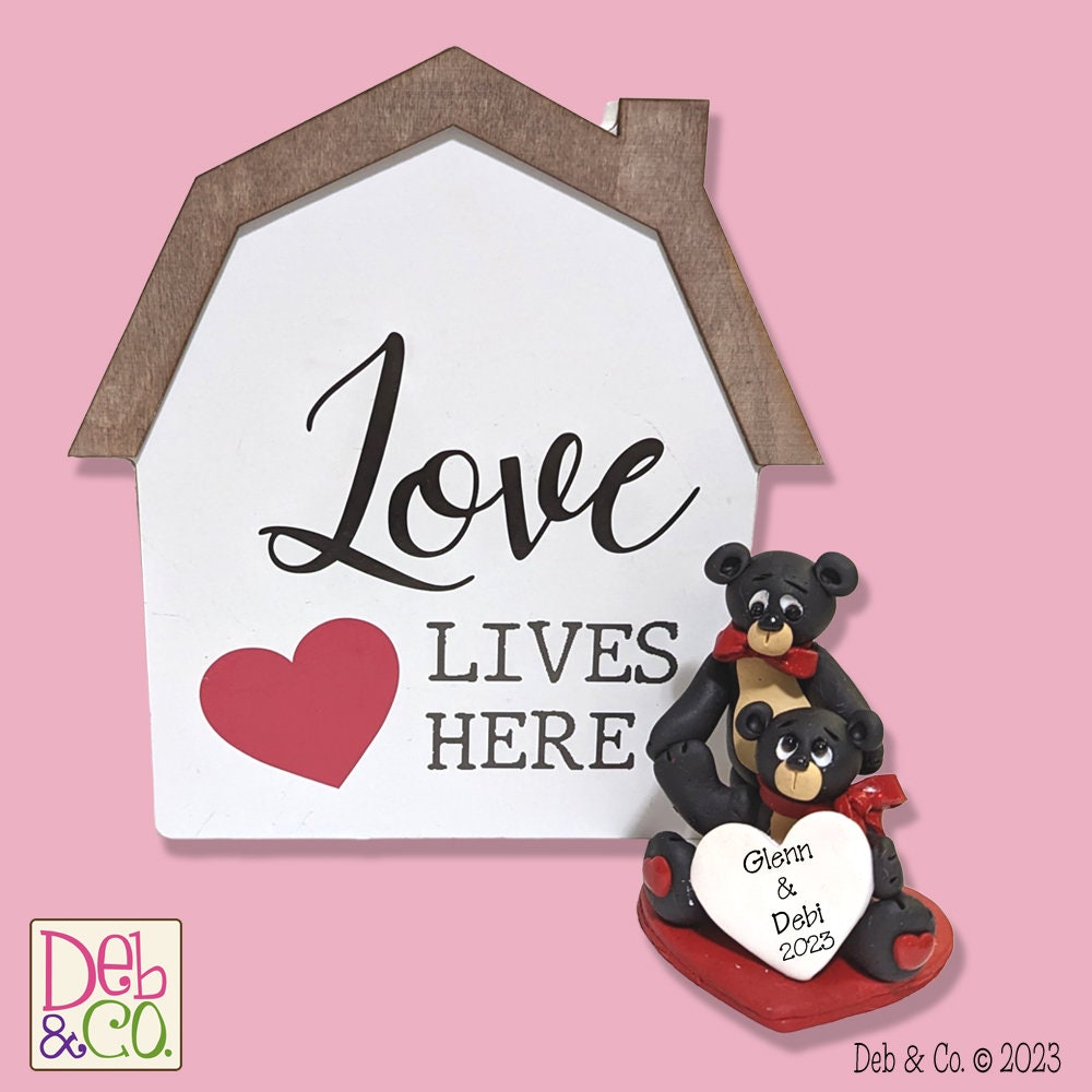 Love Lives Here Plaque with Black Bear Couple Handmade Polymer Clay Personalized Valentine Decor - 2 Piece Set