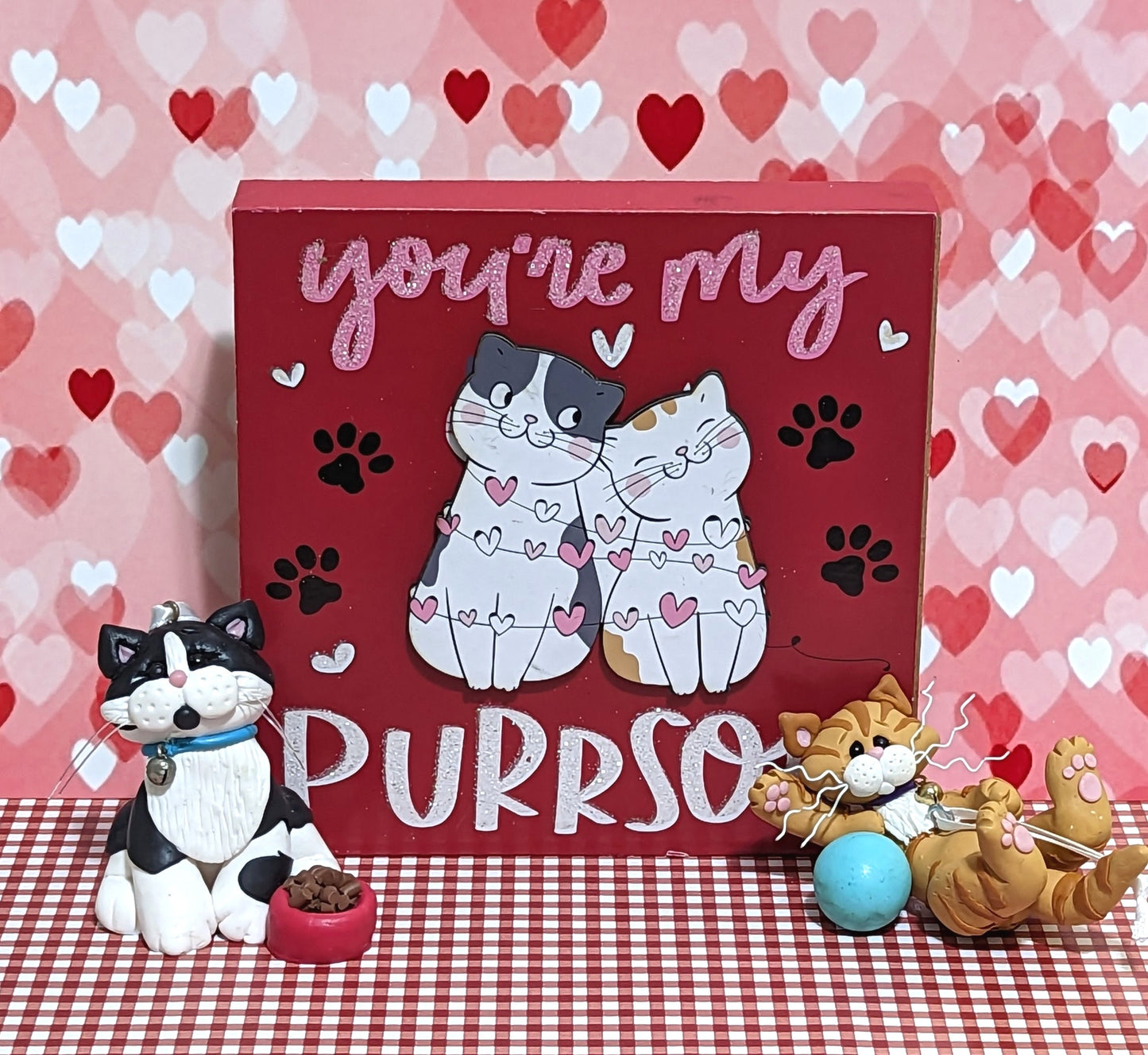 Kitty Cats 3 Piece Set "You're my Purrson" Plaque Handmade Polymer Clay Personalized Valentine Decor