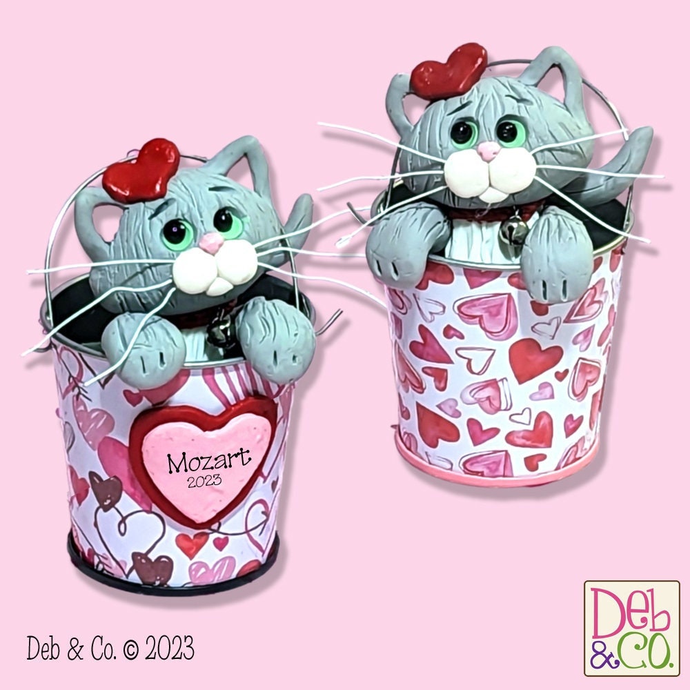 Gray KITTY CATS in Valentine Bucket Handmade Polymer Clay Valentine Decor