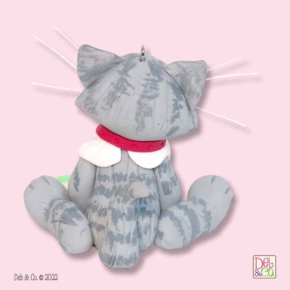 Gray & White Tabby KITTY CAT Handmade Polymer Clay Personalized Christmas Ornament