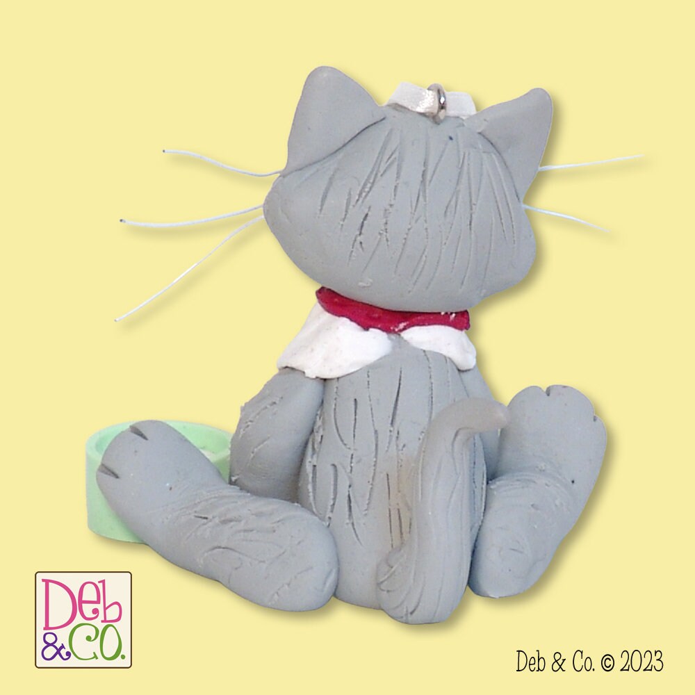 Gray & White KITTY CAT HANDMADE Polymer Clay Personalized Christmas Ornament - Optional Christmas Lights