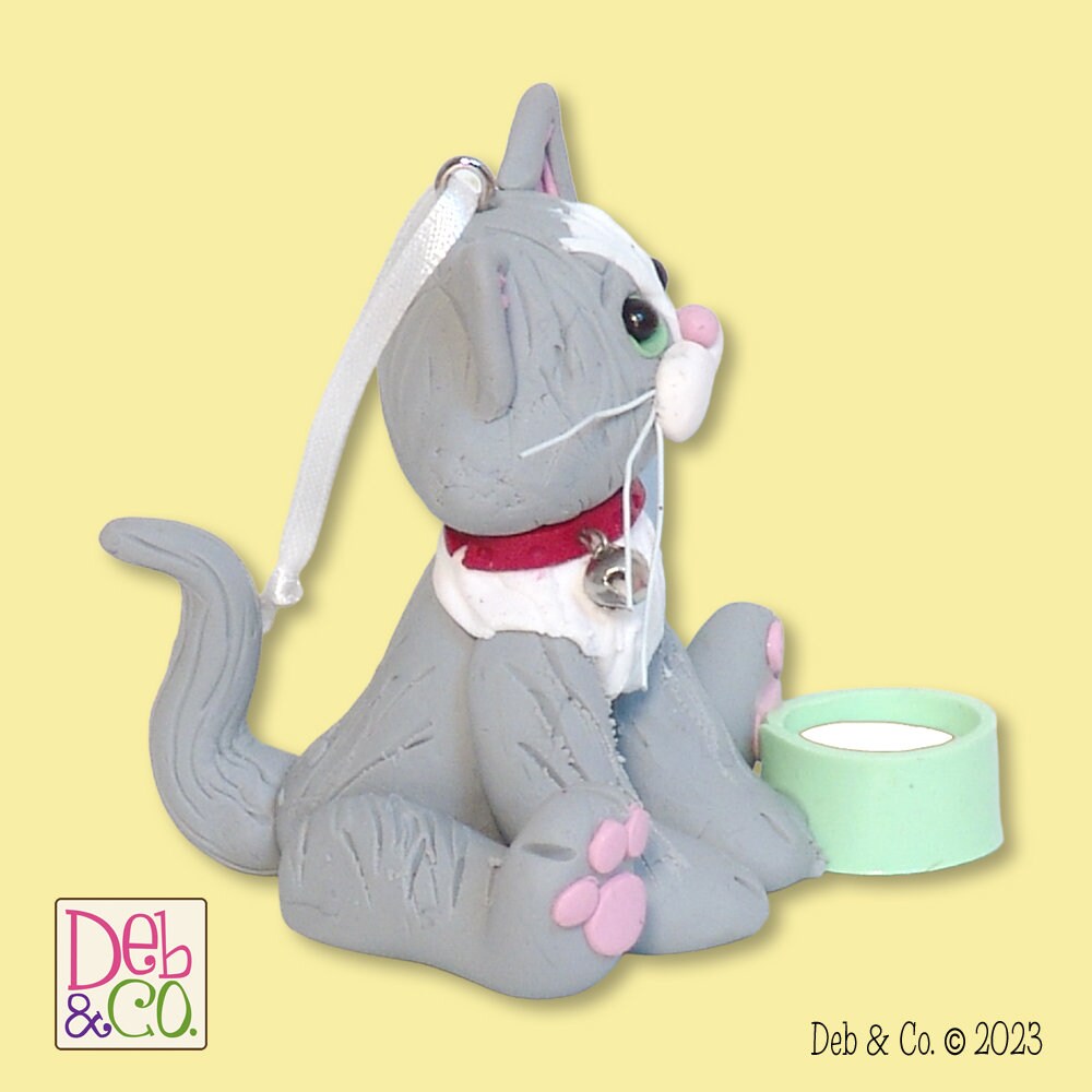 Gray & White KITTY CAT HANDMADE Polymer Clay Personalized Christmas Ornament - Optional Christmas Lights