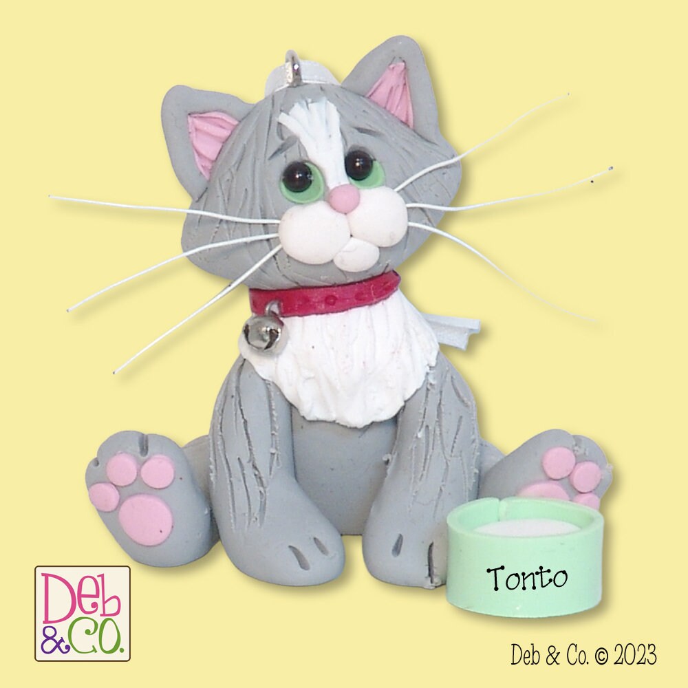 Gray & White KITTY CAT HANDMADE Polymer Clay Personalized Christmas Ornament - Optional Christmas Lights
