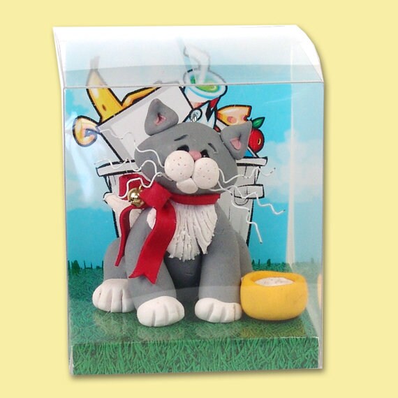 Gray & White KITTY CAT HANDMADE Polymer Clay Personalized Christmas Ornament - Optional Christmas Lights