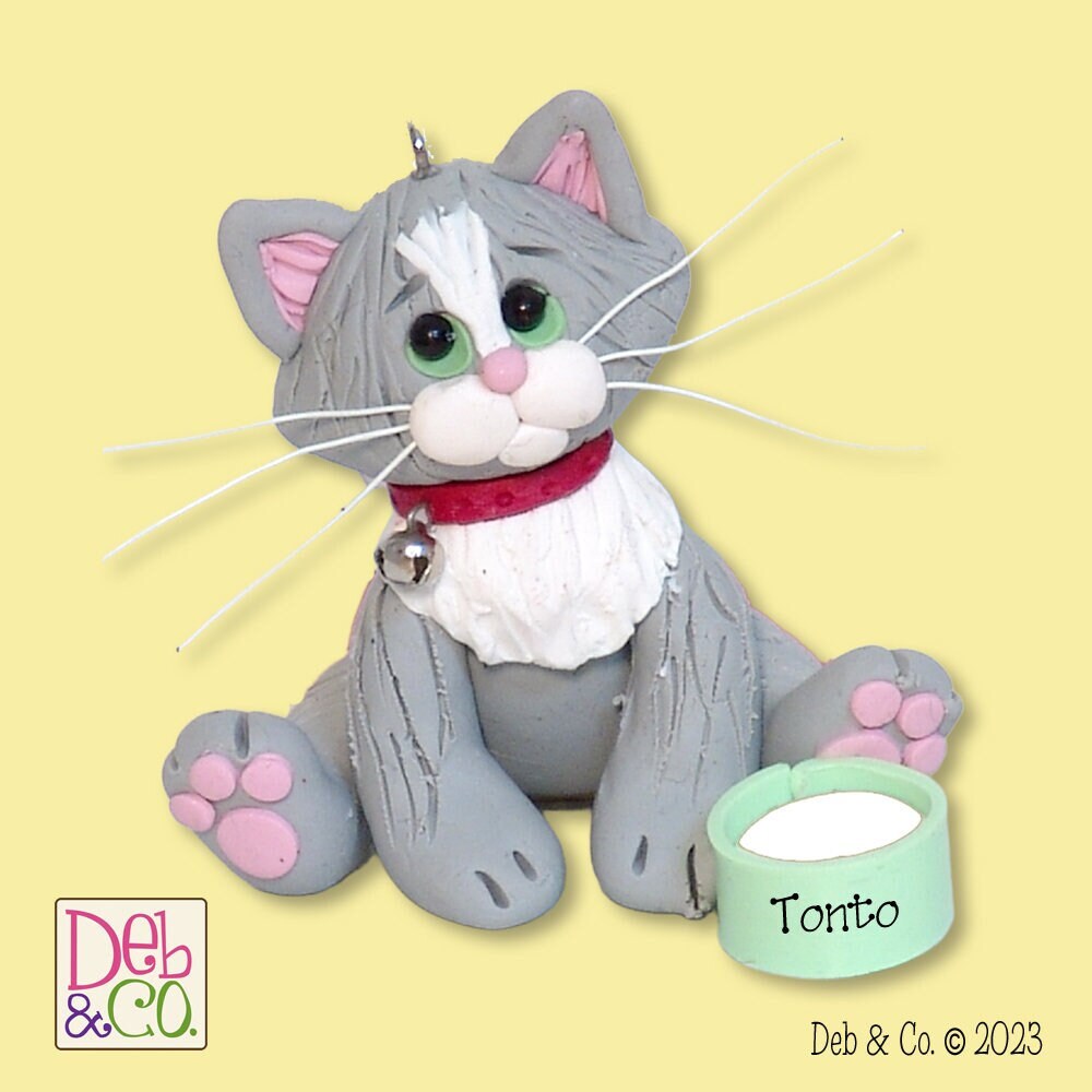 Gray & White KITTY CAT HANDMADE Polymer Clay Personalized Christmas Ornament - Optional Christmas Lights