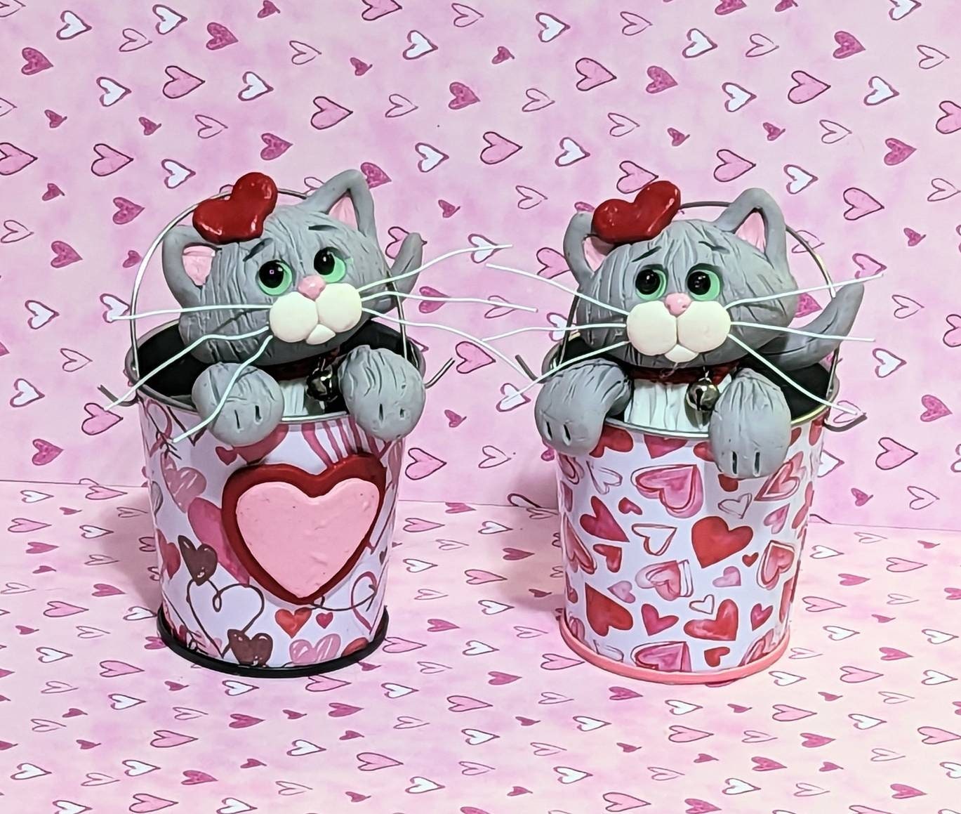 Gray KITTY CATS in Valentine Bucket Handmade Polymer Clay Valentine Decor