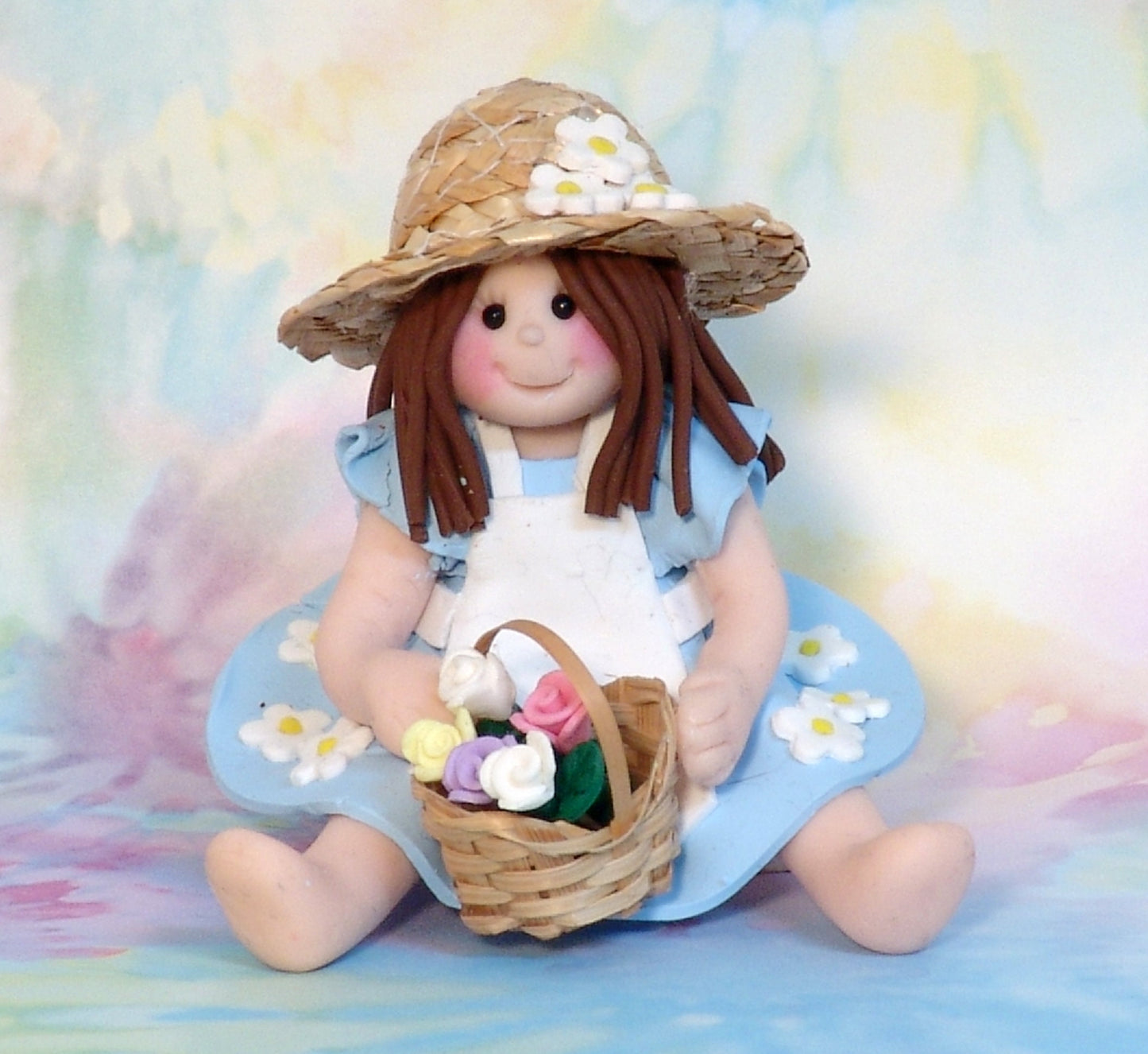Country Girl with Straw Hat& Basket of Flowers HANDMADE Polymer Clay Christmas Ornament