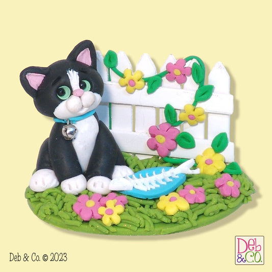 KITTY CAT in Yard with Picket Fence HANDMADE Polymer Clay Figurine