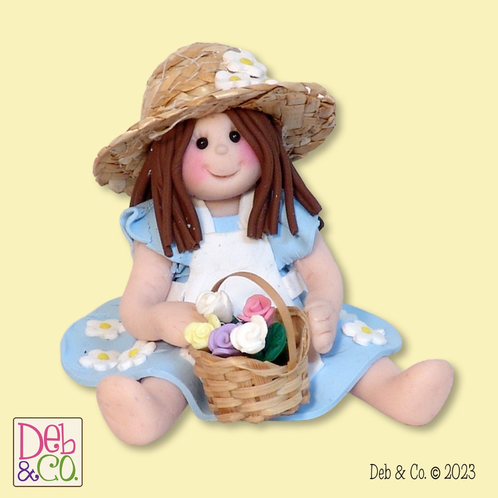 Country Girl with Straw Hat& Basket of Flowers HANDMADE Polymer Clay Christmas Ornament