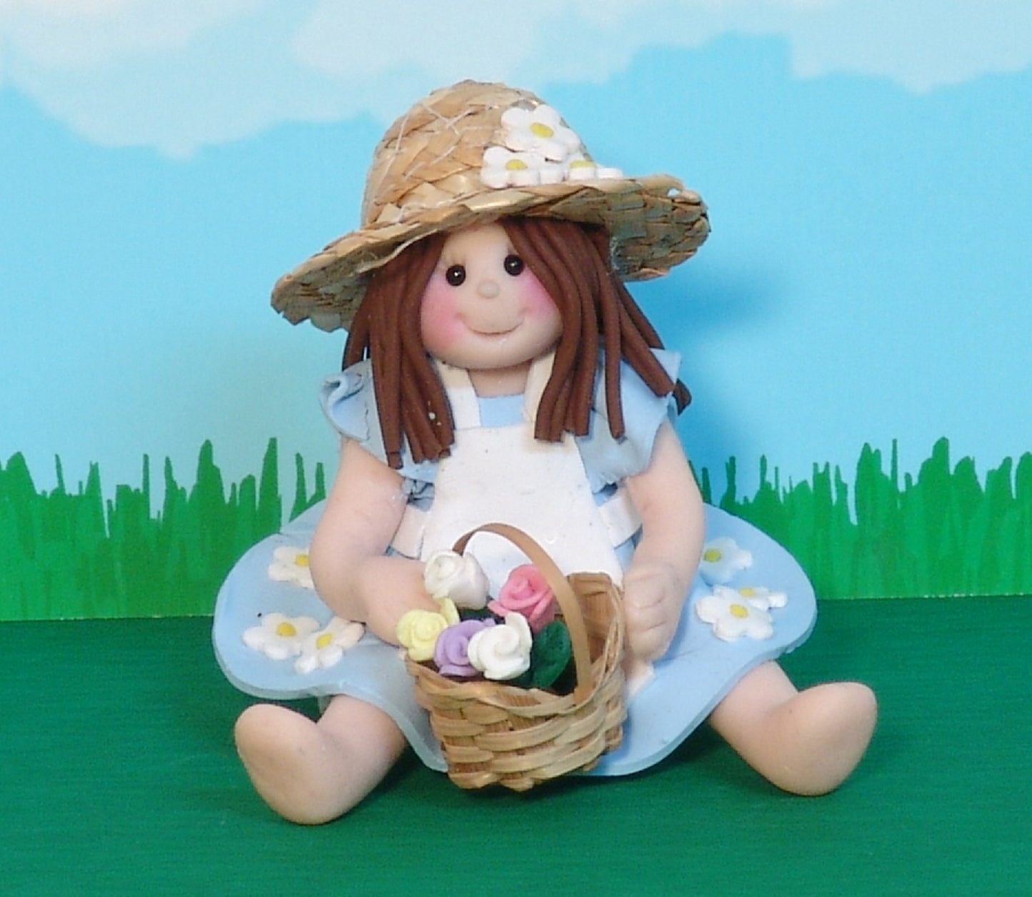 Country Girl with Straw Hat& Basket of Flowers HANDMADE Polymer Clay Christmas Ornament