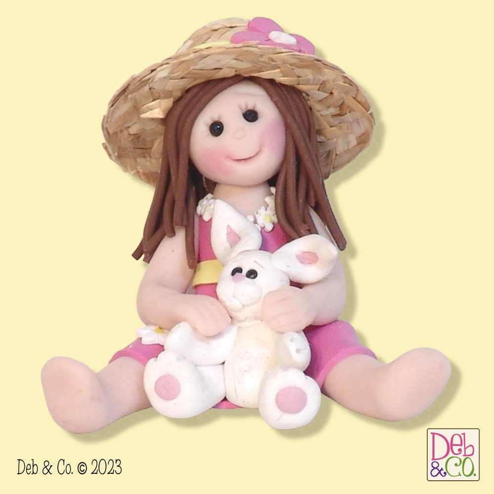 Country Girl with Straw Hat & Rabbit HANDMADE Polymer Clay Christmas Ornament