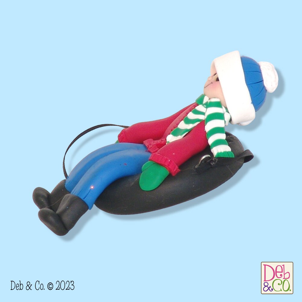 Little Boy Tubing, HANDMADE Polymer Clay, Personalized Christmas Ornament in Custom Gift Box