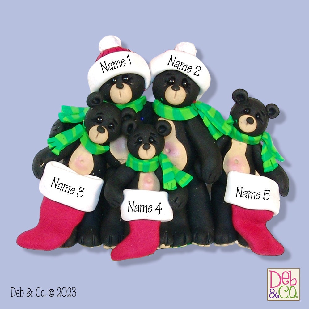 Black Bear Family of 5 with Christmas Hearts HANDMADE POLYMER CLAY Personalized Christmas Ornament