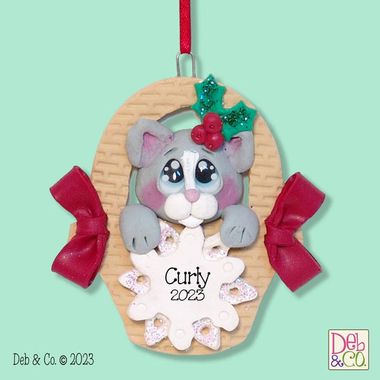 KITTY CAT in a Basket- Handmade Polymer Clay - Personalized Christmas Ornament - Limited Edition