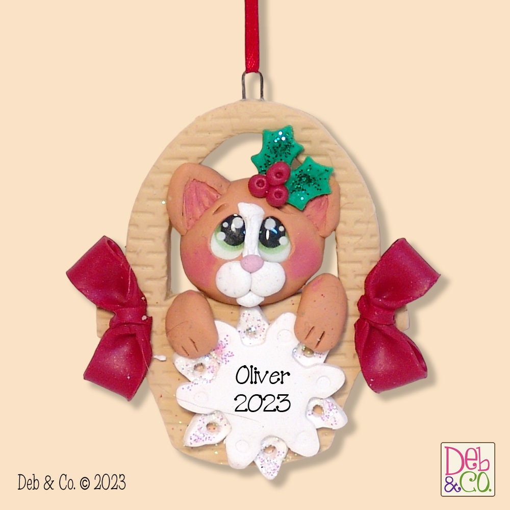 Orange KITTY CAT in a Basket- Handmade Polymer Clay - Personalized Christmas Ornament - Limited Edition