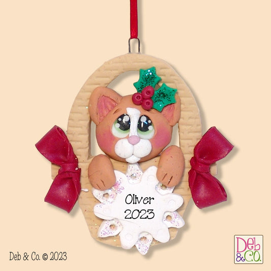 Orange KITTY CAT in a Basket- Handmade Polymer Clay - Personalized Christmas Ornament - Limited Edition